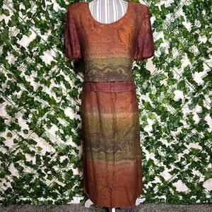 Unique vintage Karin Steven’s abstract orange green red midi dress